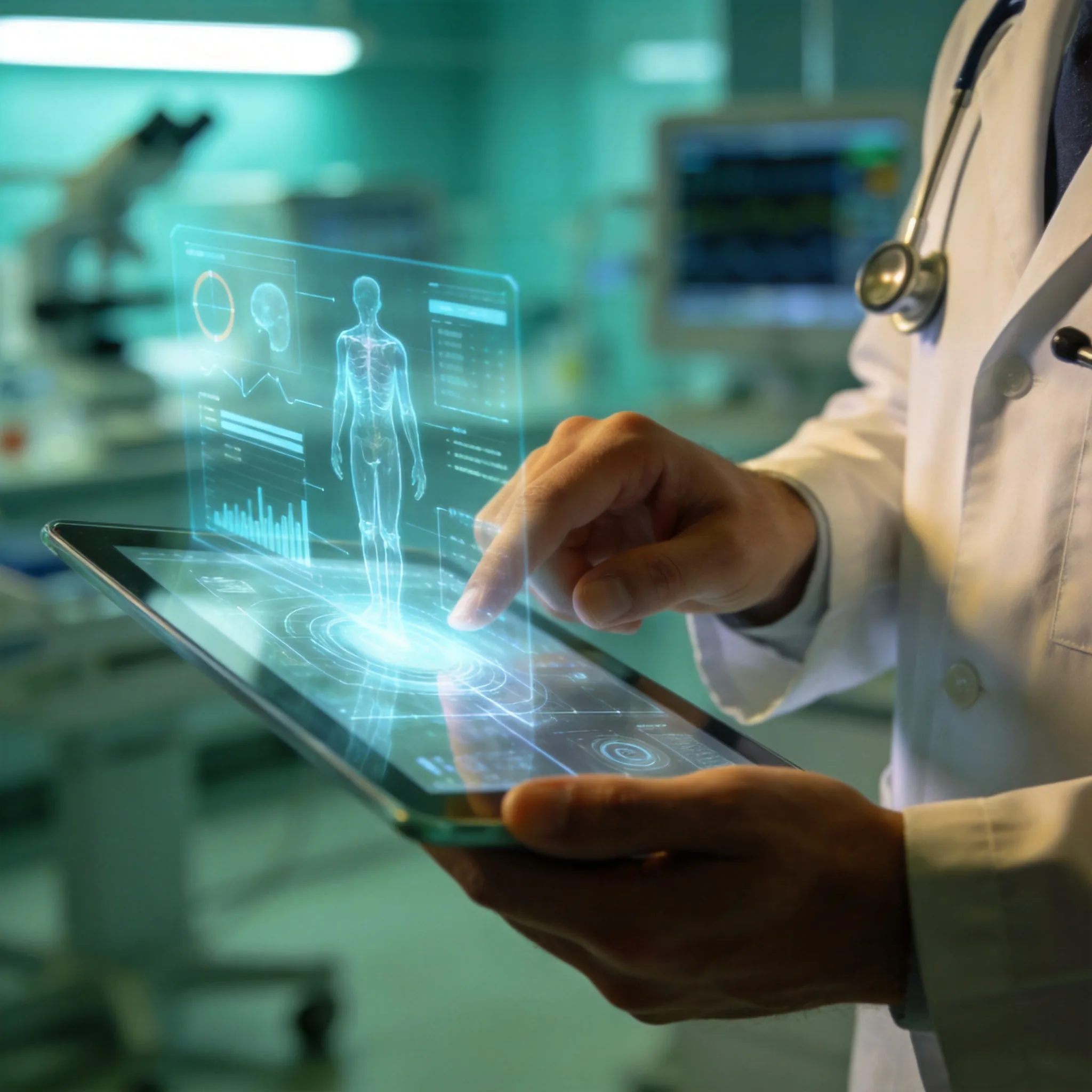 A physician reviewing personalized health data on a transparent display